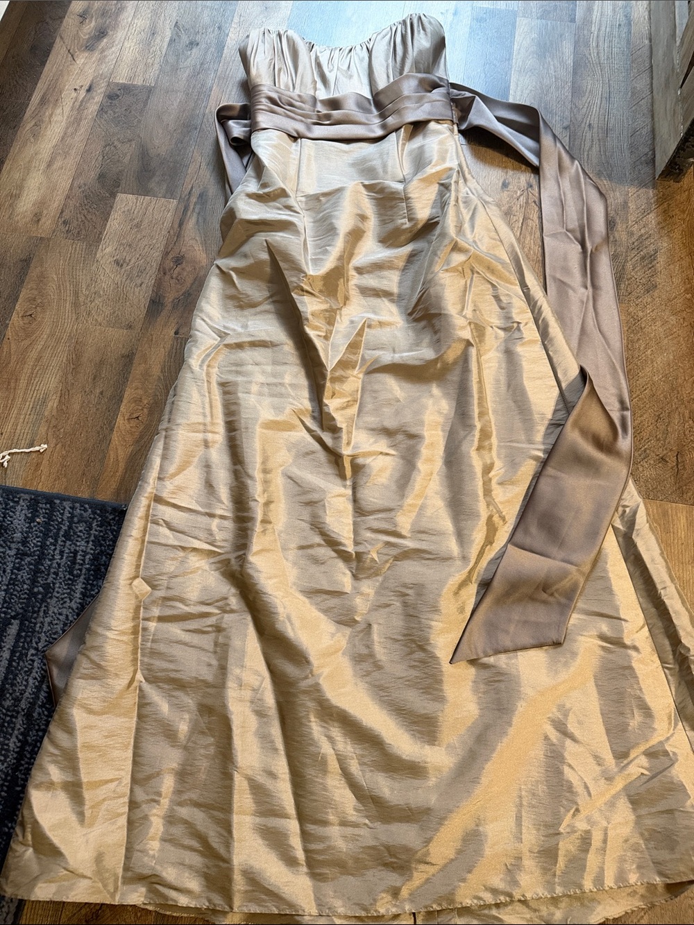 Strapless Taupe Satin A-Line Dress with Sash